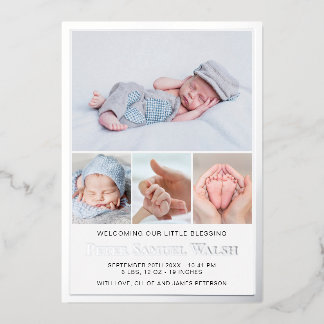 Silver Foil Baby Boy Birth Announcement Photo Card