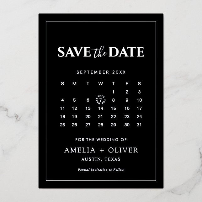 Silver Foil Black Calendar Modern Save The Date (Front)