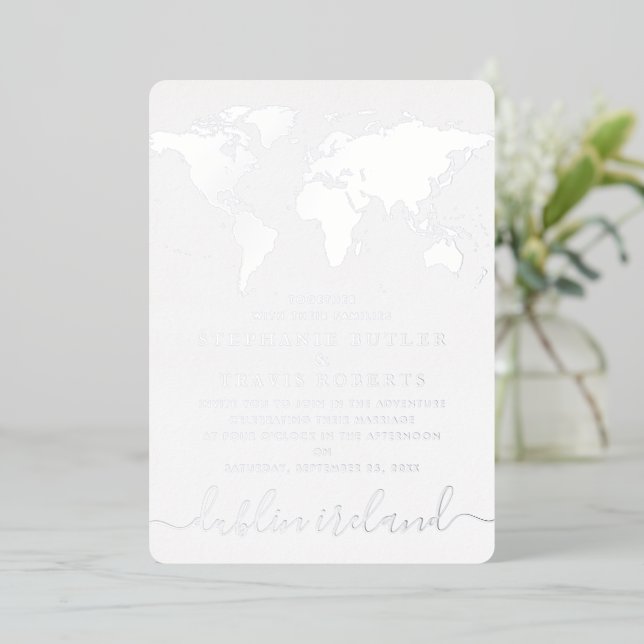  Silver Foil Blue World Map Destination Wedding  (Standing Front)