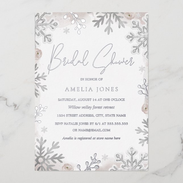 SILVER FOIL Blush Winter Snowflake Bridal Shower  (Front)