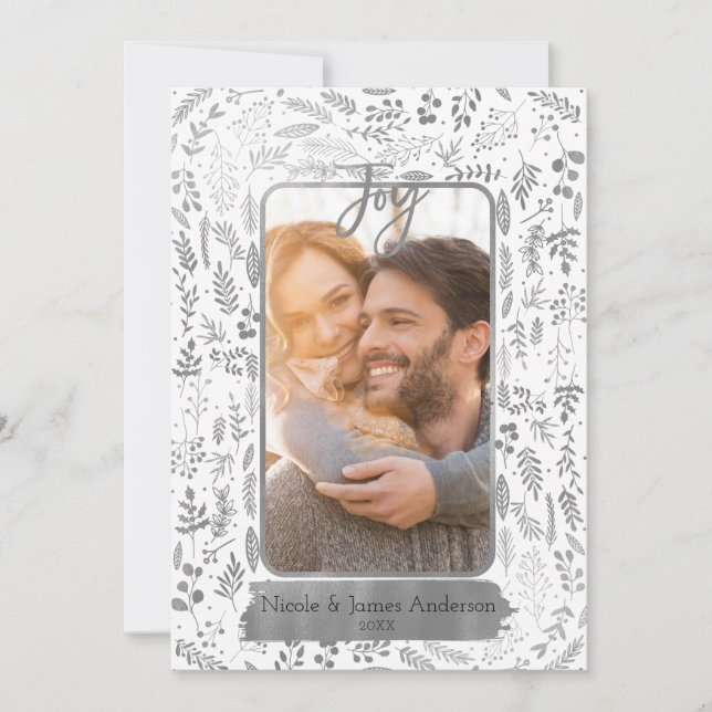 Silver Foil Botanical Modern Glam Holiday Photo Card (Front)
