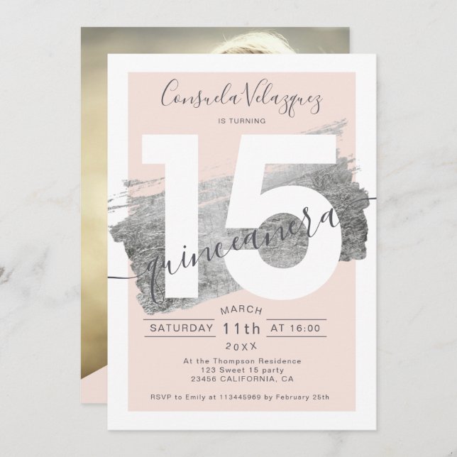 Silver foil brushstroke blush quinceanera photo invitation (Front/Back)