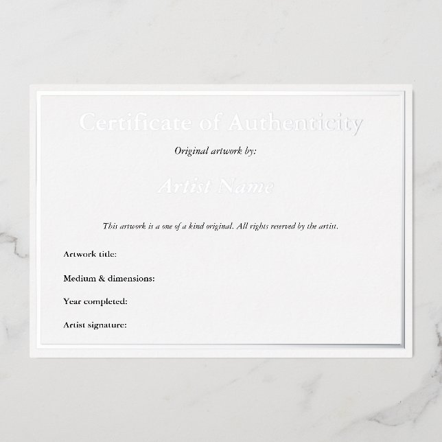  Silver Foil Certificate of Authenticity for Art (Front)