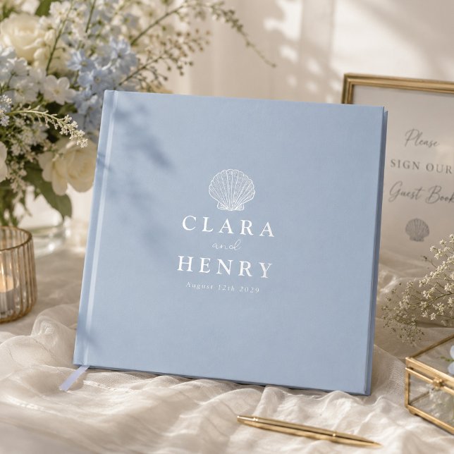 Silver Foil Coastal Seashell Monogram Wedding Guest Book (Creator Uploaded)