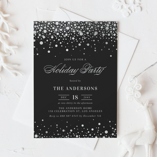 Silver Foil Confetti Black Holiday Party Invitation (Creator Uploaded)