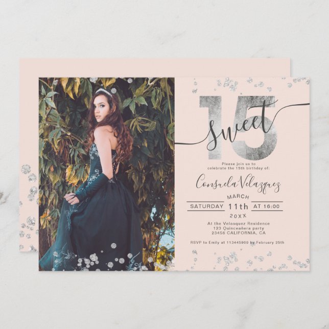 Silver foil confetti photo blush Quinceanera Invitation (Front/Back)