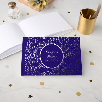 Silver Foil Daisies Floral Royal Blue Wedding Guest Book