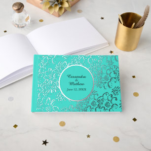 Silver Foil Daisies Floral Turquoise Wedding Guest Book