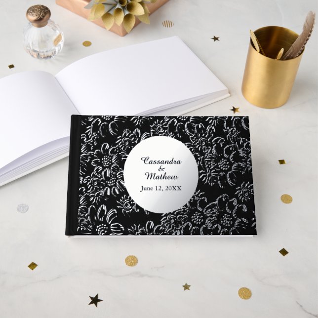 Silver Foil Daisies Romantic Floral Black Wedding Guest Book (Front Open)