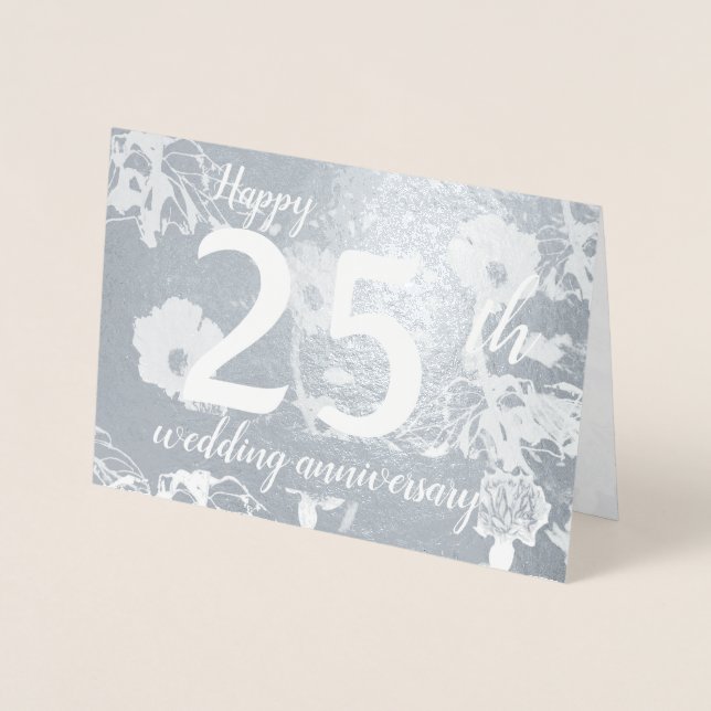 Silver Foil Floral 25th Wedding Anniversary Blank Card (Front)