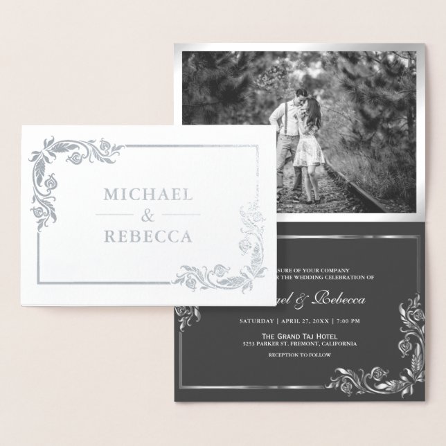 Silver Foil Floral Photo Grey Wedding Invitation (Display)