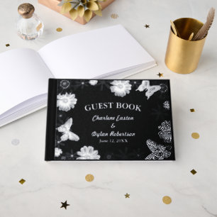 Silver Foil Flowers & Butterflies Black Wedding Guest Book