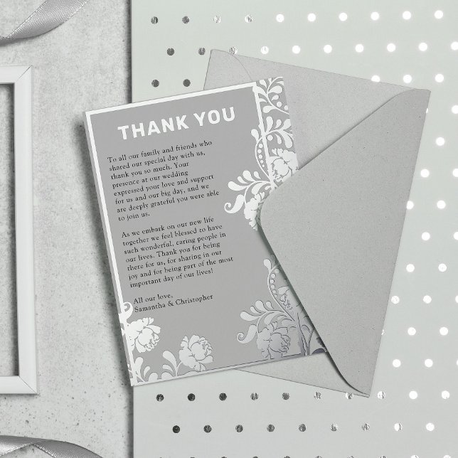 Silver Foil Foliage on Grey Wedding Thank You Card (Silver Foil Foliage on Gray Wedding Thank You Card by the Elegant Wedding)