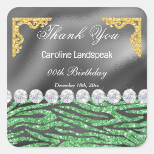 Silver Foil Green Glitter Zebra Print Birthday Square Sticker