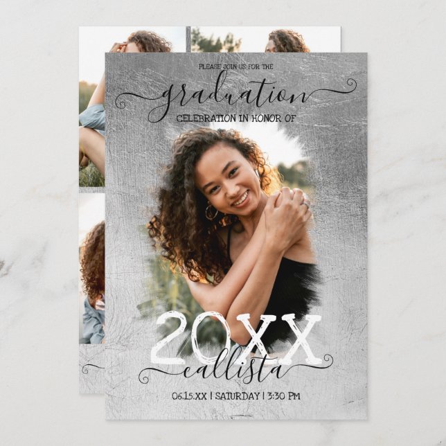 Silver Foil Halo Photo Collage Graduation Invitation (Front/Back)