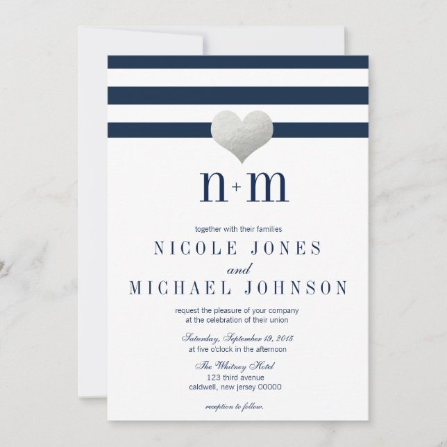 Silver Foil Heart + Stripes Wedding Invitations (Front)