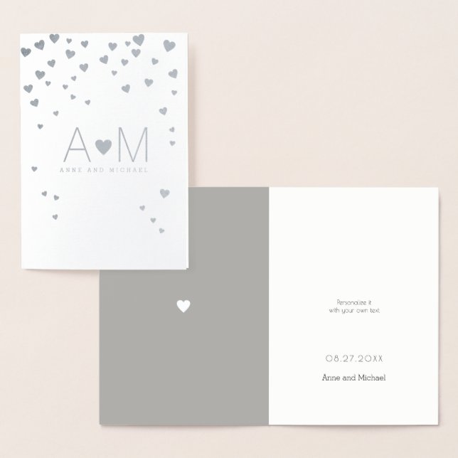 Silver Foil Hearts monogrammed love wedding Card (Display)