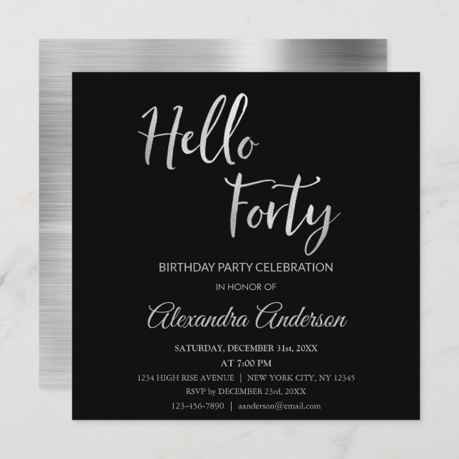 Silver Foil Hello 40 Forty Birthday Party Invitation (Front/Back)