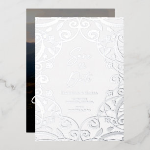 Silver Foil Lace Wedding Photo Save The Date