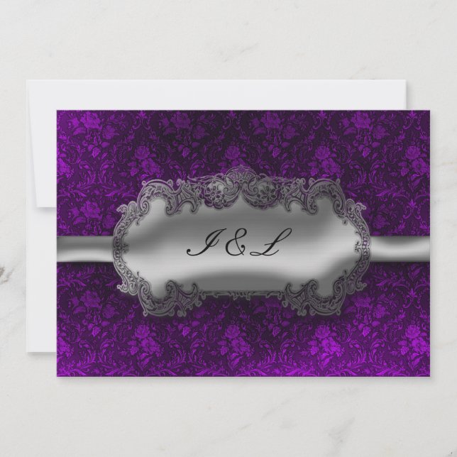 Silver Foil Look Damask Goth Wedding Invitation (Front)
