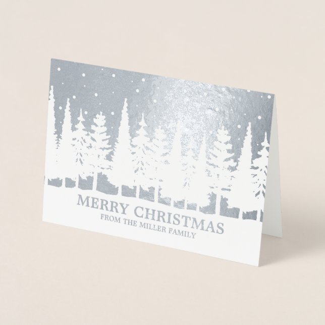 Silver Foil Merry Christmas Snowy Trees Custom Card (Front)
