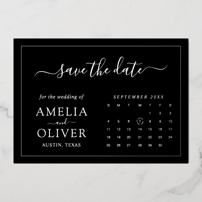 Silver Foil Modern Black Calendar Save The Date (Front)