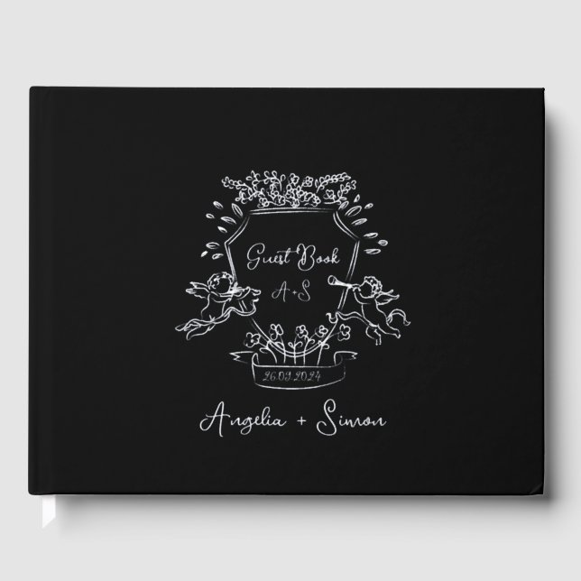 Silver Foil Monogram Black Wedding Guest Book (Front)