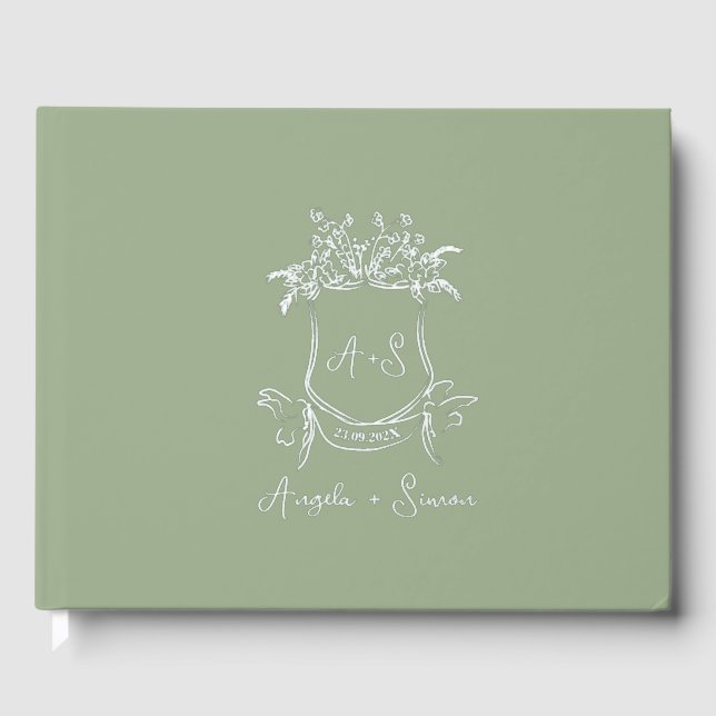 Silver Foil Monogram Sage Green Wedding Guest Book (Front)