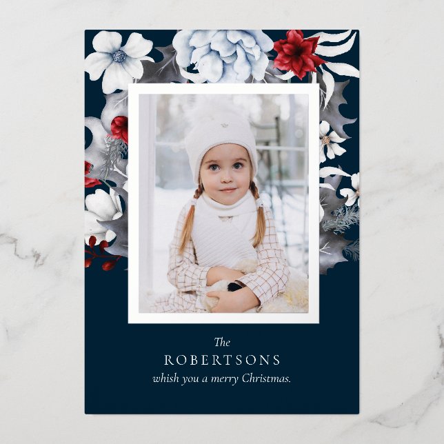 Silver Foil Navy Foliage Photo Christmas Card (Front)