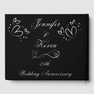 Silver Foil on Black 25th Wedding Anniversary   Guest Book