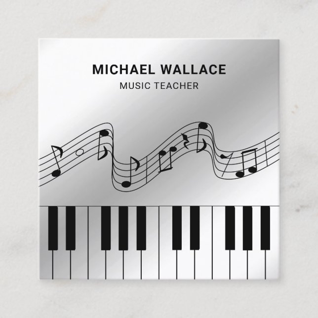 Silver Foil Piano Keyboard Musician Pianist Square Business Card (Front)