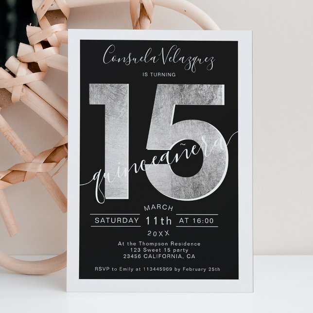 Silver foil script black quinceanera photo invitation (Creator Uploaded)
