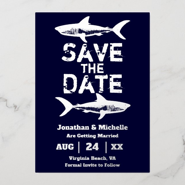 Silver Foil Shark Beach Save the Date (Front)