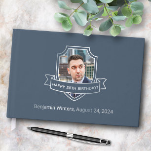 Silver Foil Shield on Blue Photo Birthday Guest Book