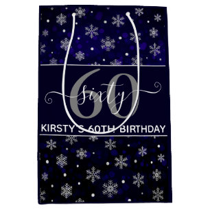 Silver Foil Snowflakes & blue bokeh 60th Birthday Medium Gift Bag