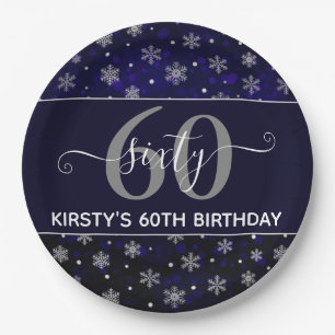 Silver Foil Snowflakes & blue bokeh 60th Birthday Paper Plate
