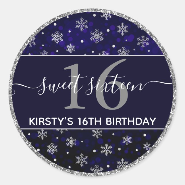 Silver Foil Snowflakes & blue bokeh Sweet 16 Classic Round Sticker (Front)