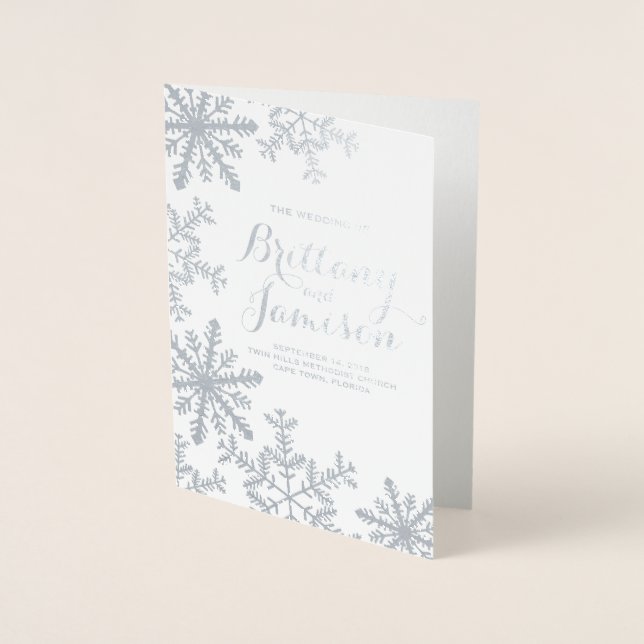 Silver Foil Snowflakes Winter Wedding Program Foil Card (Front)