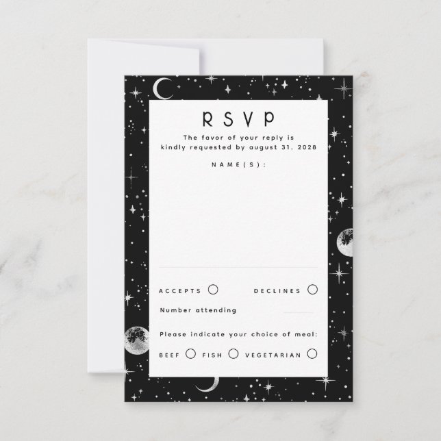 Silver Foil Stars Celestial Wedding RSVP (Front)