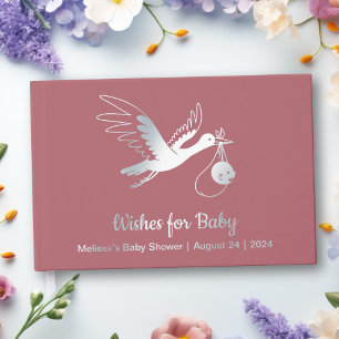 Silver Foil Stork on Pink Baby Shower Guest Book