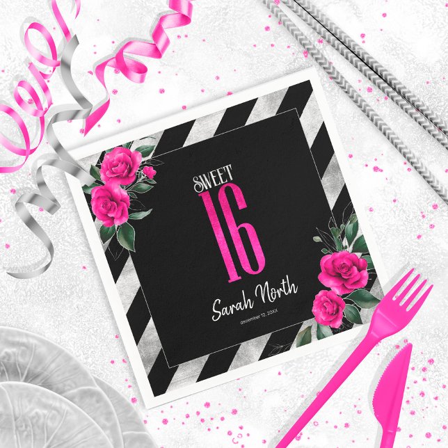 Silver Foil Stripes Floral Hot Pink ID759 Napkin (Creator Uploaded)