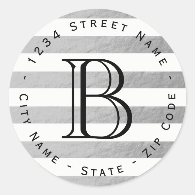Silver Foil Stripes Monogram Return Address Label (Front)