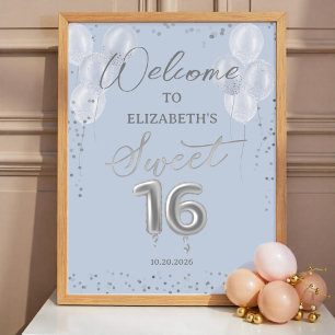Silver Foil Sweet 16 Balloons Blue Welcome Sign