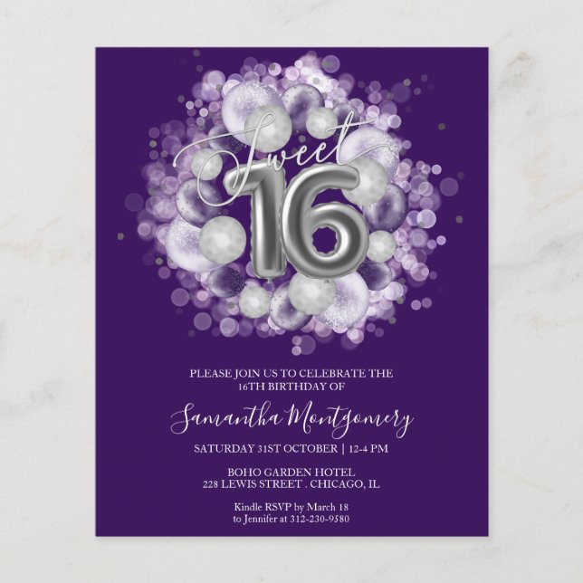 Silver Foil Sweet 16 Balloons Budget Invitation (Front)