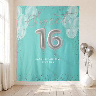 Silver Foil Sweet 16 Balloons Royal Teal Backdrop Tapestry