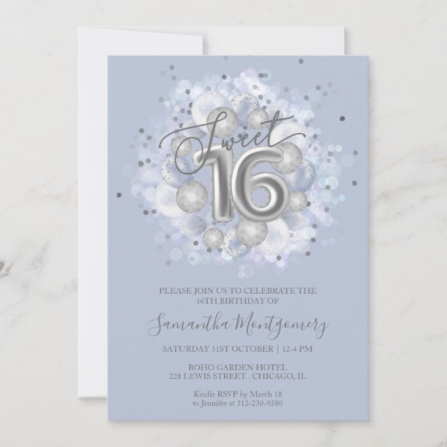 Silver Foil Sweet 16 Bday Balloons Dusty Blue Invitation (Front)