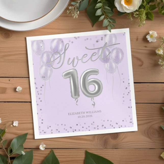 Silver Foil Sweet 16 Bday Balloons Party Lavender  Napkin (Creator Uploaded)