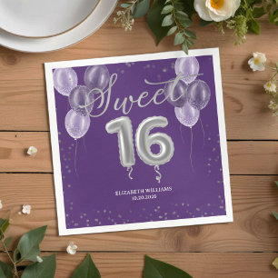 Silver Foil Sweet 16 Bday Balloons Party Purple Napkin
