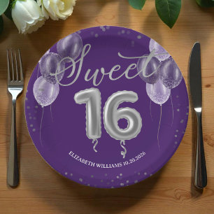  Silver Foil Sweet 16 Bday Balloons Party Purple Paper Plate