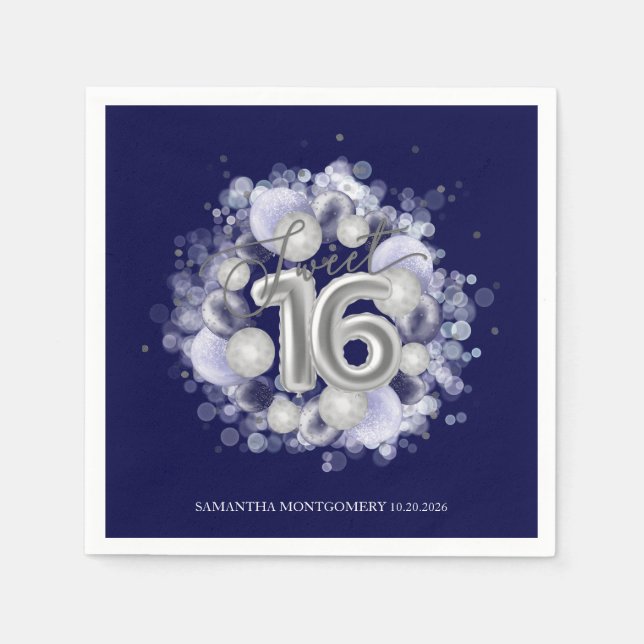 Silver Foil Sweet 16 Bday Balloons Royal Blue Napkin (Front)